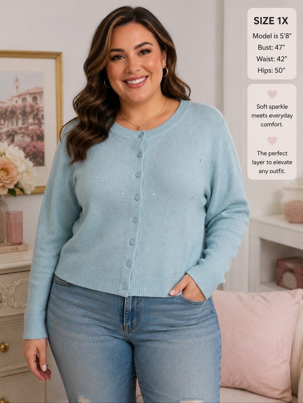 A New Day 1X Light Blue Mint Rhinestone Cropped Cardigan Sweater NWT